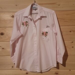 Vintage Las Olas Gingham Embroidered Hummingbird Floral Shirt Size S 21x28